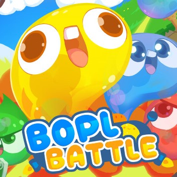 Das Titelbild von Bopl Battle. Eine gelbe, blaue, rote und grüne Schleimkugel mit Gesichtern im Hintergrund. Unten steht Bopl Battle in blauer und gelber Schrift.