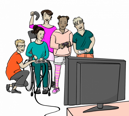 Eine Gruppe Jugendliche mit und ohne Behinderung spielen zusammen Videospiele. Ein Betreuer unterstützt sie dabei.