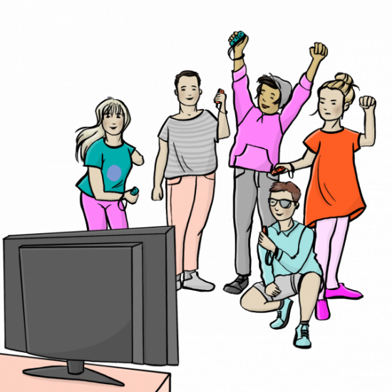 Eine Gruppe Jugendliche Spielen zusammen Videospiele.