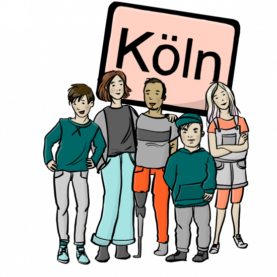 5 Jugendliche mit und ohne Behinderung stehen vor dem Ortsschild von Köln.