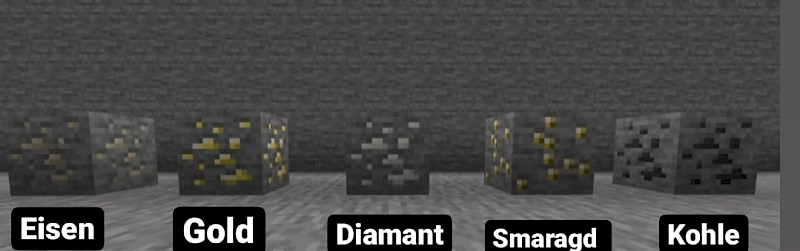 5 verschiedene Minecraft Blöcke. von Links nach rechts:  Eisenerz, Golderz, Diamanterz, Smaragderz, Kohle. Über das Bild wurde ein Filter gelegt, welcher eine Rot-Grün-Sehschwäche simuliert. Durch den Filter sehen die Blöcke alle sehr ähnlich aus.
