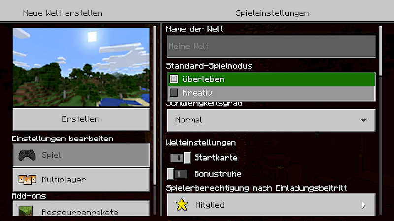 Ein Screenshot der Einstellungen. Du kannst den Spielmodus auswählen.  Überleben oder Kreativ.