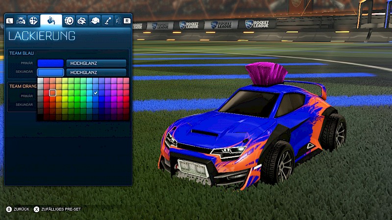 Ein Screenshot von Rocket League. In der Garage wird gerade die bunte Lackierung des Autos eingestellt.