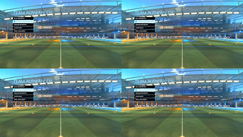 Ein Bild von Rocket League. Es zeigt den Mehrspieler Modus mit geteiltem Bildschirm.
