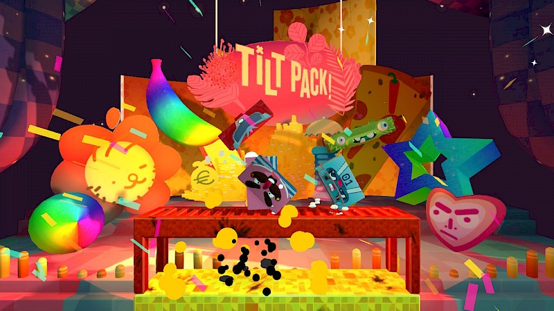 Ein Screenshot von Tilt Pack. Er zeigt eine bunte Arena des Spiels und Spielfiguren.