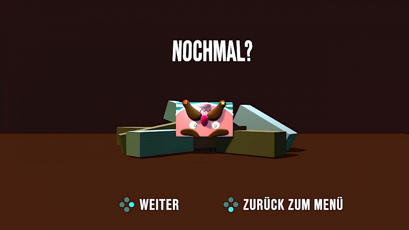 Ein Screenshot von Tilt Pack. Er zeigt den Bildschirm nach einer Runde. Über ein paar Blöcken aus dem Spiel und einem lustig aussehenden Gesicht steht das Wort "Nochmal" mit einem Fragezeichen.