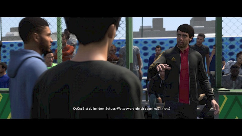 Ein Screenshot aus VOLTA Football. Ein Mann kommt auf die Spielfigur zu. Im Untertitel steht KAKA: Bist du beim Schuss Wettbewerb dabei oder nicht?