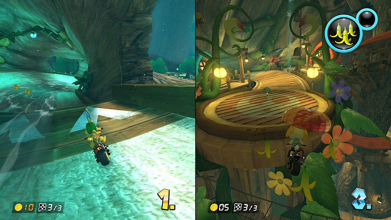 Ein Screenshot von Mario Kart. Er zeigt den geteilten Bildschirm im Zweispieler-Modus.