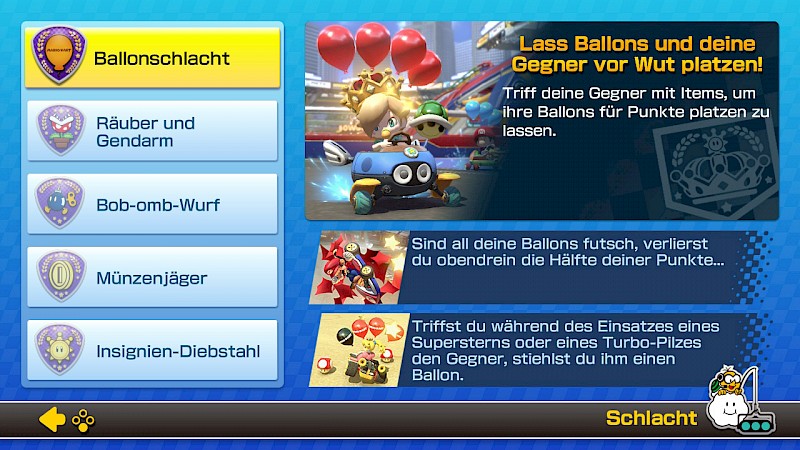 Ein Screenshot von Mario Kart. Im Menü zu Schlacht stehen Erklärungen.