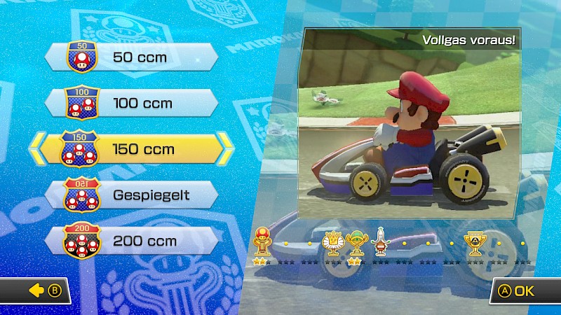 Ein Screenshot von Mario Kart. Er zeigt das Menü, in dem man zwischen vier Schwierigkeitsstufen und dem Gespiegelt-Modus entscheiden kann.