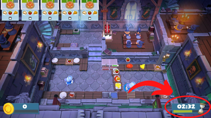 Ein Screenshot aus einem Level. Unten Rechts ist die Stoppuhr markiert. Sie zeigt an, dass noch 2 Minuten zu spielen sind.