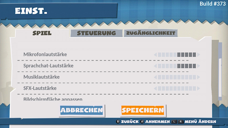 Ein Screenshot aus den Spieleinstellungen. Diese Anpassungen stehen zur Verfügung: Mikrofonlautstärke, Sprachchat-Lautstärke, Musiklautstärke, SFX-Lautstärke