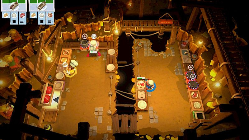 Eine Screenshot von Overcooked! Unten rechts ist, anders als üblich, keine Stopp-Uhr mehr.