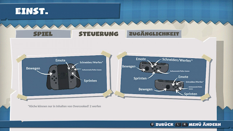 Ein Screenshot aus den Einstellungen. Die Steuerung für die Switch wird hier angezeigt. Schneiden und Werfen mit der A Taste. Aufsammen und Fallen lassen mit der B Taste. Sprinten mit der B Taste. Bewegen mit dem Linken Analog-Stick.