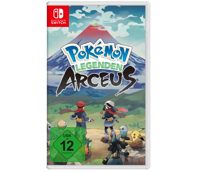 Ein Foto von der Spiele-Verpackung. Der Titel lautet Pokémon Legenden: Arceus. Das Spiel hat ein USK 12 Siegel. Auf dem Cover-Bild sind zwei Trainer*innen mit Pokémon.  Sie blicken auf einen weit entfernten Berg.