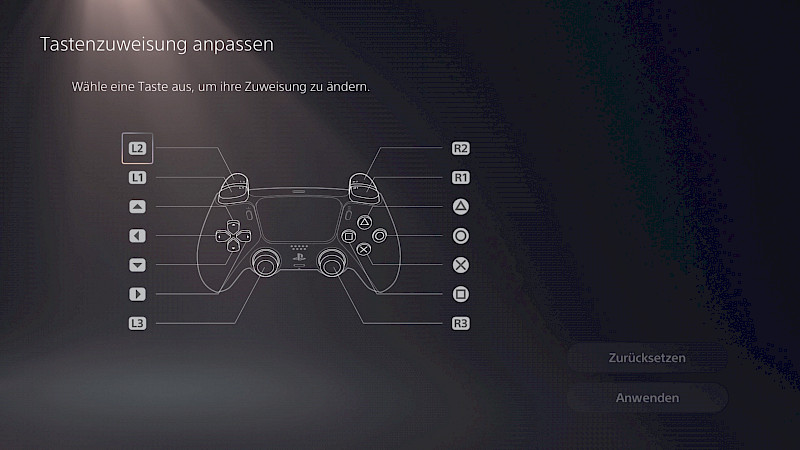 Ein Screenshot aus den Controller Einstellungen. Ein Controller ist abgebildet, zu jeder Taste führt ein Strich. Neben dem Strich steht die dazugehörige Taste.