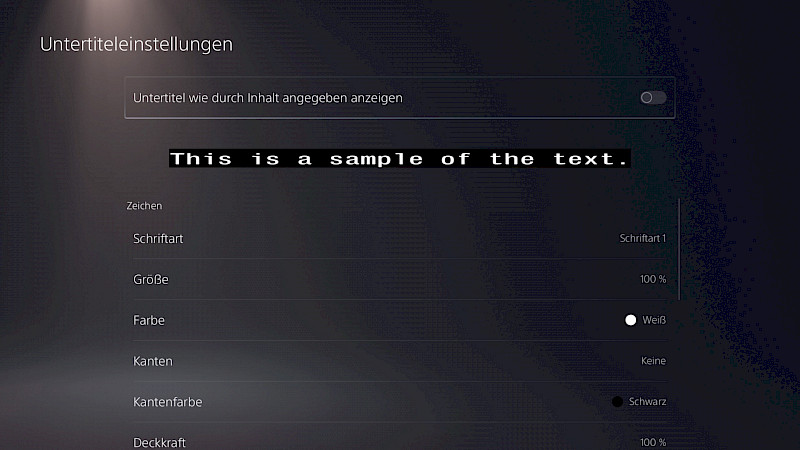 Die Untertiteleinstellungen. Oben ist ein Textbeispiel. Darunter stehten die verschiedenen Optionen zur Auswahl: Schriftart, Größe, Farbe, Kanten, Kantenfarbe und Deckkraft