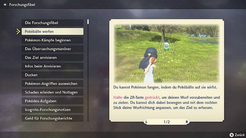 Ein Screenshot der Forschungsfibel. Dort ist eine Auflistung aller Erklärungen des Spiels mit Bildern und Text. Zum Beispiel wie du Pokébälle wirfst oder Angriffen ausweichst.