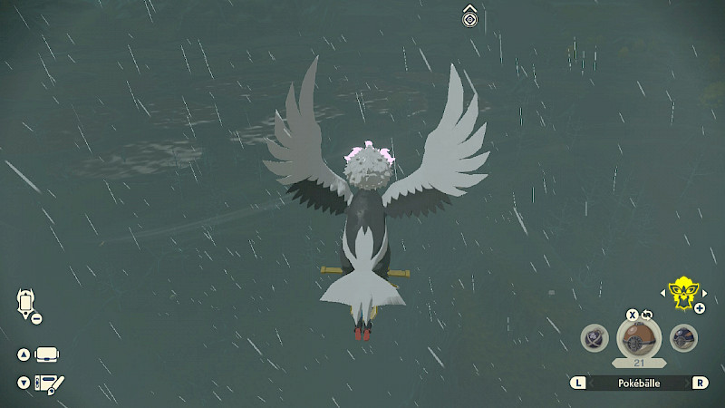 Auf dem Screenshot fliegt die Spielfigur über eine Bucht. Doch wenn es im Spiel regnet, ist alles grau und nur sehr schemenhaft zu erkennen.