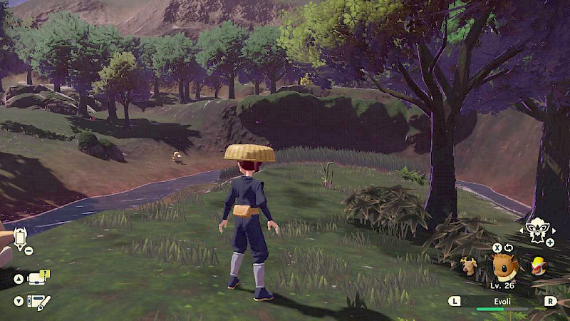 Die Spielfigur steht auf einer Wiese. Vor ihr wächst eine Pflanze. Die Pflanze sieht sehr unscheinbar aus und hebt sich nicht vom Hintergrund ab.