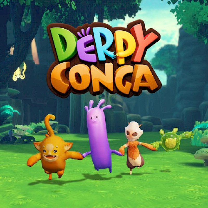Das Cover von Derpy Conga. Unter dem Spieletitel laufen drei Fantasiefiguren, die sich an der Hand halten