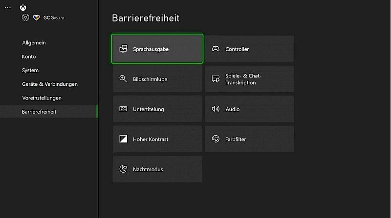 Die Optionen der Barrierefreiheit. Auswählbar sind: Sprachausgabe, Controller, Bildschirmlupe, Spiel-& & Chat-Transkription, Unteritelung, Audio, Hoher Kontrast, Farbfilter, Nachtmodus