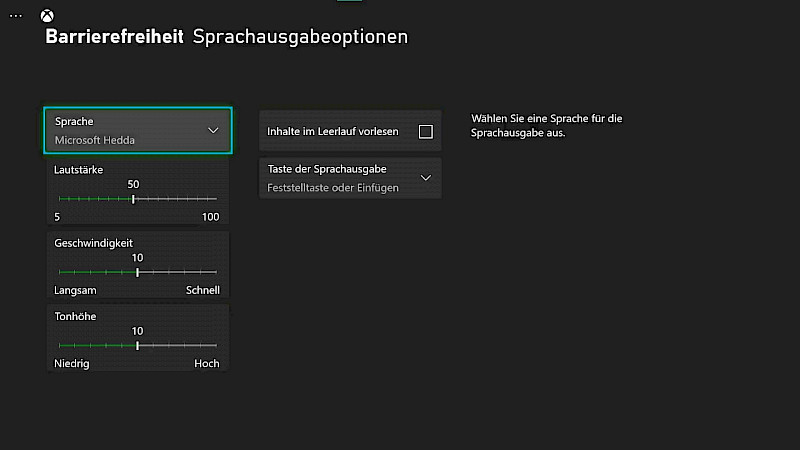 Sprachausgabeoptionen, folgendes lässt sich anpassen: die Stimme, die Lautstärke, Geschwindigkeit und Tonhöhe. Inhahlte im Leerlauf können aktiviert werden. Taste der Sprachausgabe kann gewählt werden