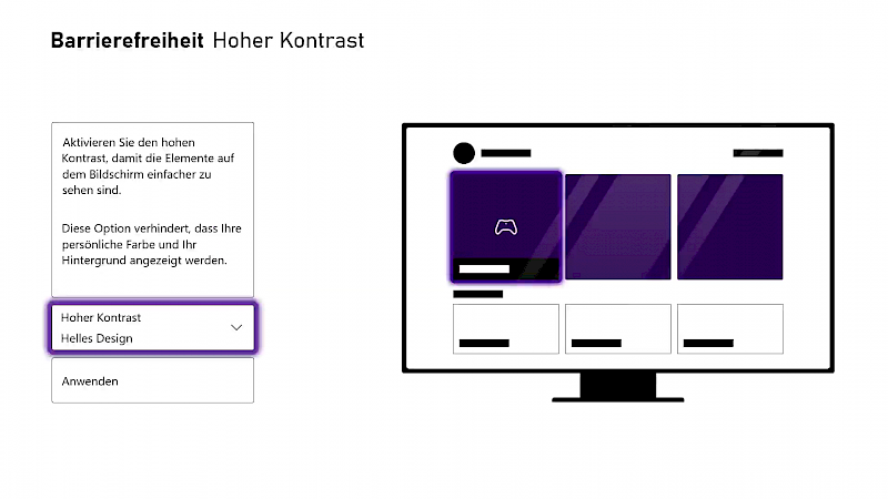 Der Hohe Kontrast ist aktiviert. Der gesamte Hintergrund ist weiß. Die Texte sind schwarz. Die Rahmen um ausgewählte Menüpunkte sind lila.