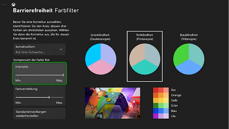 Farbfilter: 4 Korrekturformen können ausgewählt werden. Dafür werden 3 Kreise mit jeweils 3 Farben dargestellt. Die Kreise haben als Überschrift die jeweilige Farbenblindheit.Der Kreis in dem die Farben sich am meisten ähneln sollte ausgewählt werden.