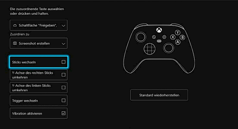 Controller-Einstellungen: Rechts ist der Controller abgebildet. Links steht untereinander: schaltfläche freigeben, screenshot erstellen, Stick wechseln, Y Achse des rechten Sticks umkehren, Y Achse des linken Sticks umkehren, Trigger wechseln, Vibration