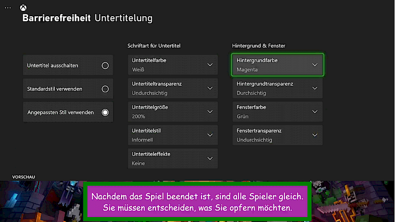 Untertiel Einstellungen: Folgendes kann angepasst werden: Untertitel: Farbe, Transparenz, größe , Stil, Effekte. Hintergrund: Farbe & transparenz. Fenster: Farbe & Transparenz