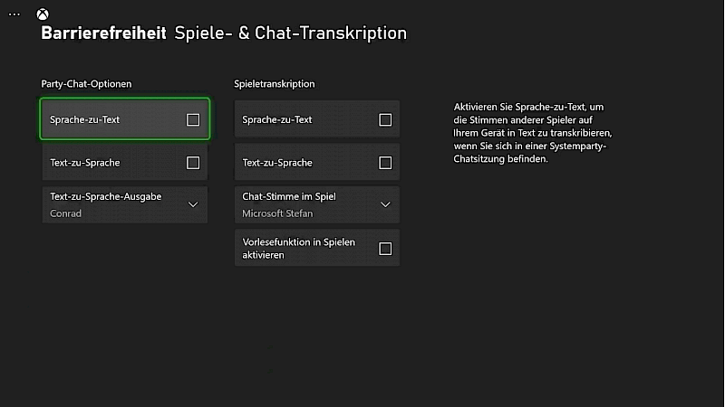 Party-Chat-Optionen: Sprache zu Text, Text zu Sprache. Spieletranskription: Sprache zu text, Text zu Sprache, Chat Stimme im Spiel, Vorlesefunktion in Spielen aktivieren