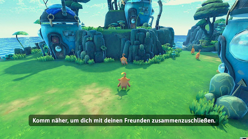 Vier orangene fantasie Figuren stehen auf einer Wiese. Im Hintergrund sind Felsen und blaue Häuser zu sehen. Unten steht in weiß auf schwarzem Hintergrund: Komm näher, um dich mit deinen Freunden zusammenzuschließen.