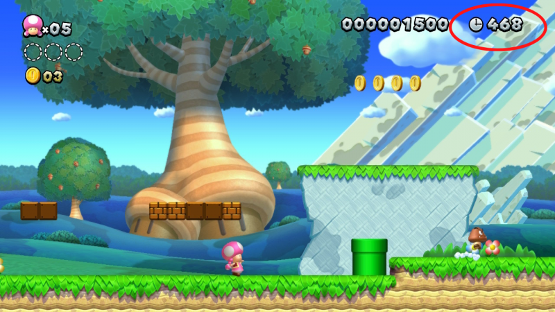 Screenshot aus einem Level. Oben Rechts ist neben einer Uhr die Zahl 468.