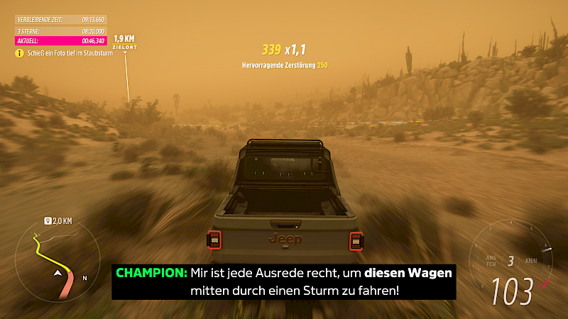 Ein Auto fährt durch einen. Unten sind große weiße Untertitel auf einem schwarzen Hintergrund. Darin steht: Champion: Mir ist jede Ausrede recht, um diesen Wagen mitten durch einen Sturm zu fahren! Das Wort Champion ist grün.
