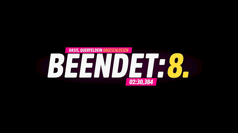 Schwarzer Bildschirm. In großer Schrift steht: Beendet: 8. Platz.