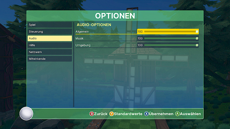 Ein Scrennshot der Audio Optionen. Folgende Lautstärken lassen sich von 0 - 100 verändern: Allgemein, Musik, Umgebung