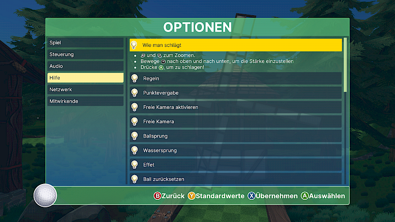 Ein Screenshot der Optionen. Die Anleitung zu "Wie man Schlägt" ist ausgewählt. Die Erklärung ist in Textform.