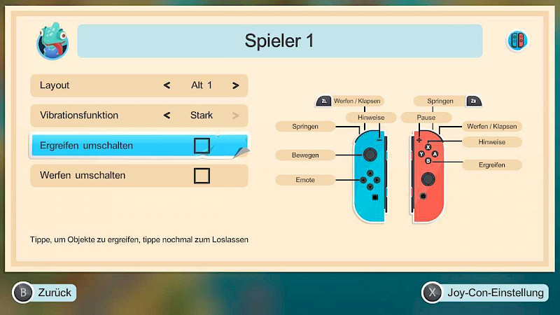 Ein Screenshot aus den Steuerungseinstellungen. Rechts sind zwei Joy-Con, Striche zeigen an, welche Taste welchen Befehl bewirkt. Daneben sind noch Einstellungsmöglichkeiten für Vibration, Ergreifen umschalten und Werfen umschalten.