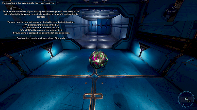 Das Tutorial. Die Kugel rollt einen Parcours entlang. Oben links steht ein langer Text, der die Steuerung erklärt. Der Text ist auf englisch