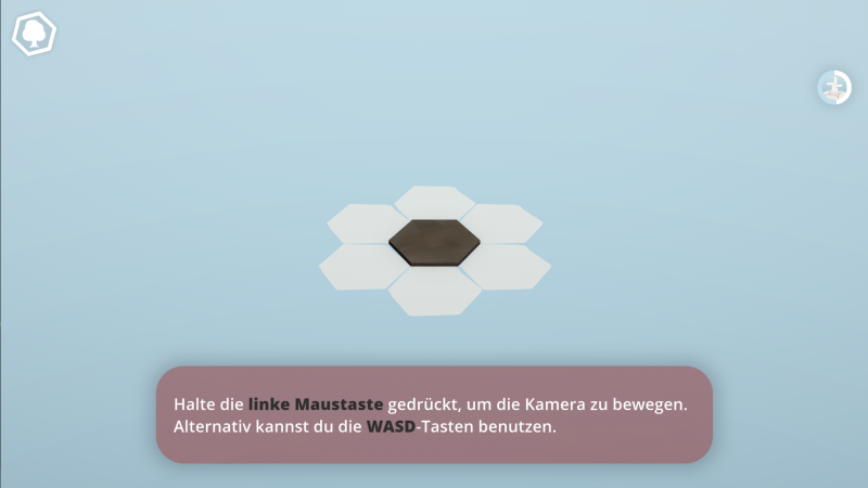 Auf dem Screenshot ist eine Kachel zu sehen, an der andere Kacheln angelegt werden können. Unten drunter steht in einer Sprechblase: Halte die linke Maustaste gedrückt, um die Kamera zu bewegen. Alternativ kannst du die WASD-Tasten benutzen.