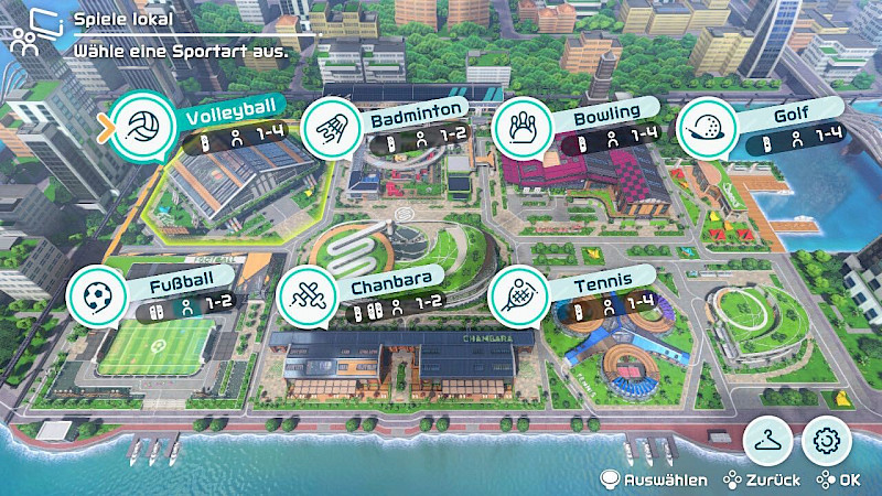 Eine Stadt von oben. Es gibt Sieben Arenen für sieben Sportarten. Über jeder Arena ist steht die jeweilige Sportart mit einem passenden Symbol.