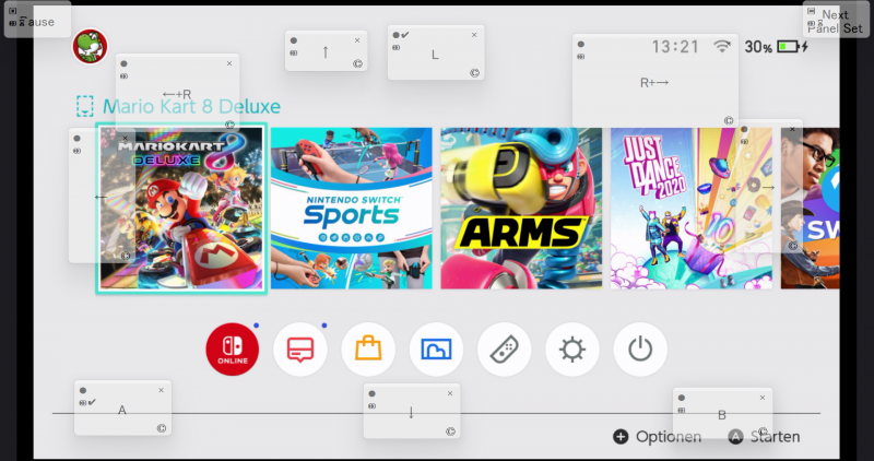 Das Hauptmenü der Nintendo Switch. An den Rändern sind insgesamt 10 transparente Tastenfelder.