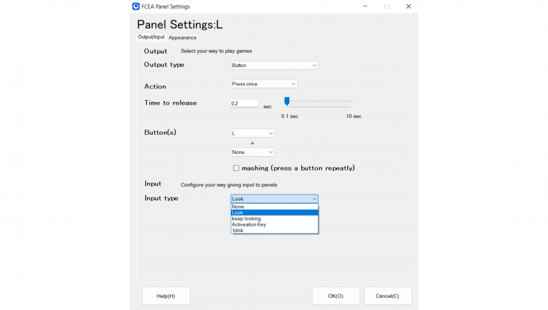 Die Auswahl der Input Types: Look, Keep Looking, Activation Key, Blink