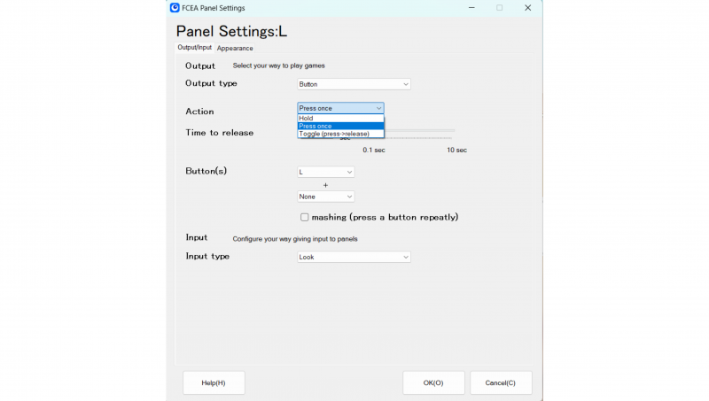 Die Auswahl der Action Types: Hold, Press once, Toggle