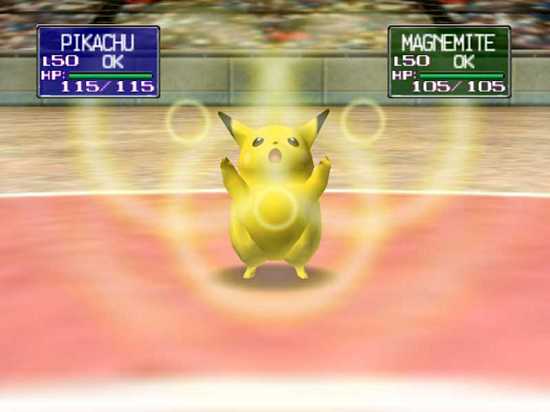 Pikachu führt eine Attacke aus. Oben links eine blaue Lebensanzeige von Pikachu. Rechts oben eine grüne Lebensanzeige von Magnemite.