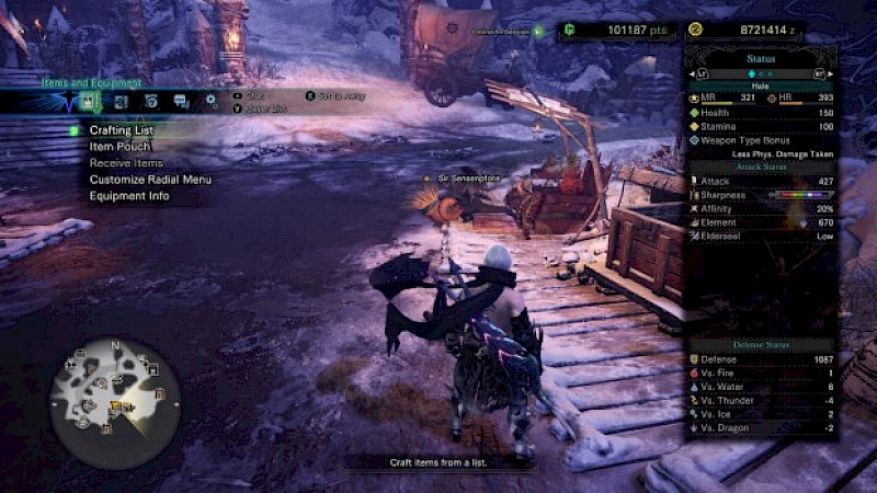 Screenshot von Monster Hunter: World. Ein Charakter in einem schneebedeckten Lager. Rechts daneben eine Tabelle mit sehr vielen Zahlenwerten. Links unten eine runde Landkarte.