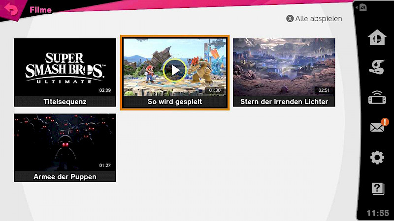 Ein Screenshot: Der Screenshot zeigt das Filme-Menü. Es werden 4 Videos angezeigt. Das Video mit dem Titel “So wird gespielt” ist oben in der Mitte und markiert.