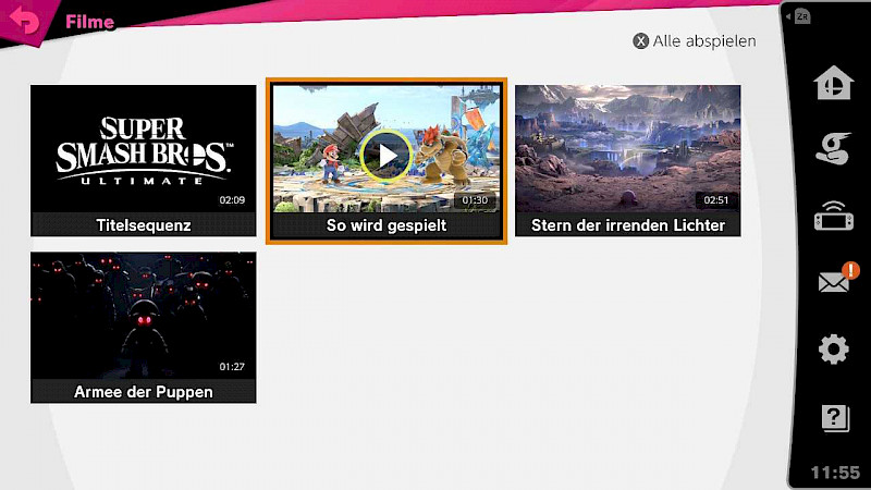 Screenshot: Das Filme-Menü. Es werden 4 Videos angezeigt. Das Video mit dem Titel “So wird gespielt” ist oben in der Mitte und markiert.