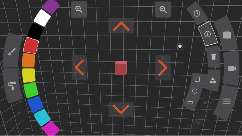 Das Baumenü von Eye Build it. Links ist eine Farbauswahl, rechts sind verschiedene Optionen. in der Mitte ist das Bauobjekt.